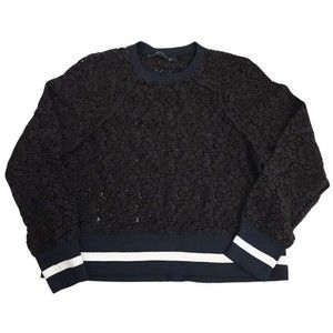 ZARA Women's Navy Blue Lace Sporty Striped Long Sleeve Crew Neck Sweater Small